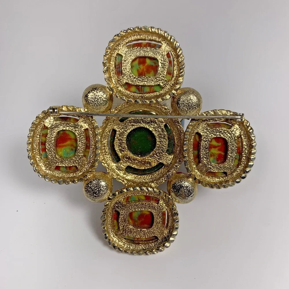 Vintage Sarah Coventry Signed Large Mosaic Maltese Cross‎ Brooch Pin Gold Tone